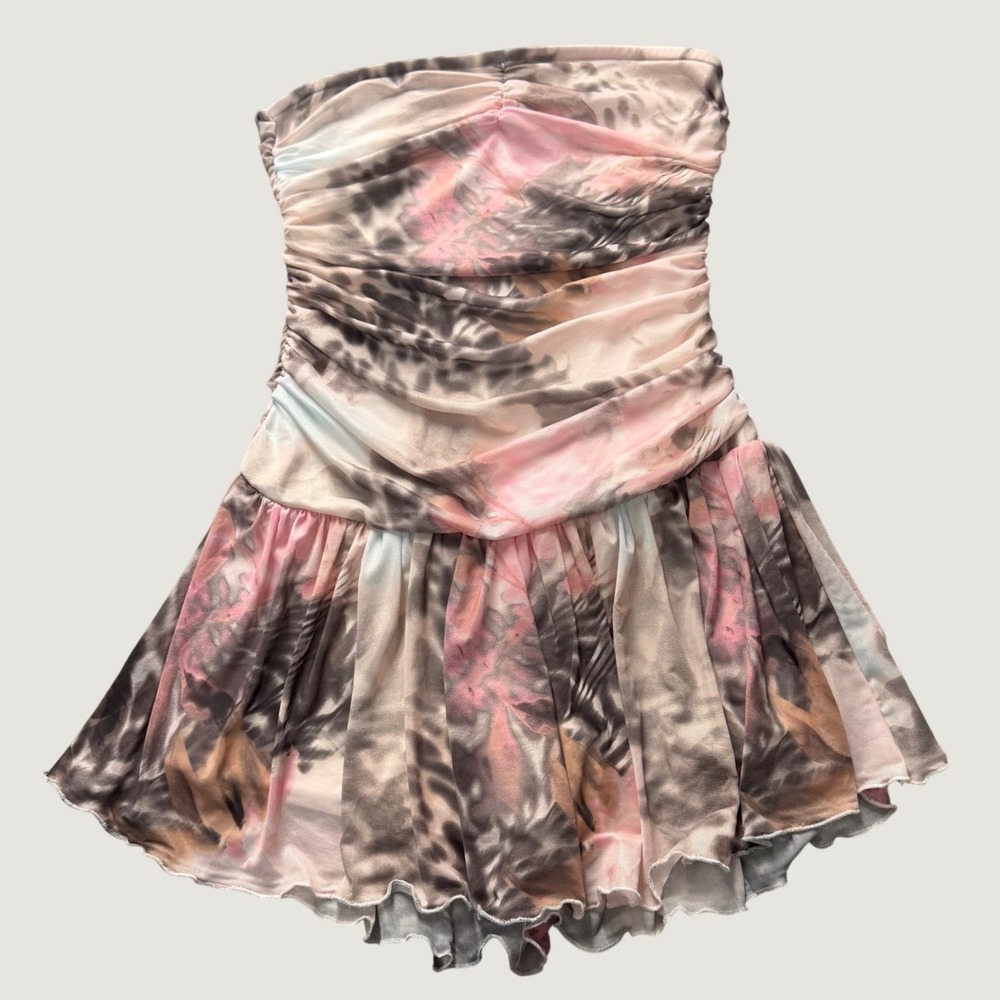 Tube Romper M Animal Print Mesh Ruched Strapless Skort Pink Brown